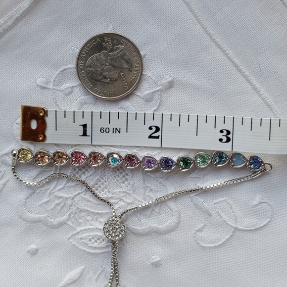 Pastel rainbow rhinestone heart tennis bracelet with bolo clasp silvertone - Picture 9 of 9
